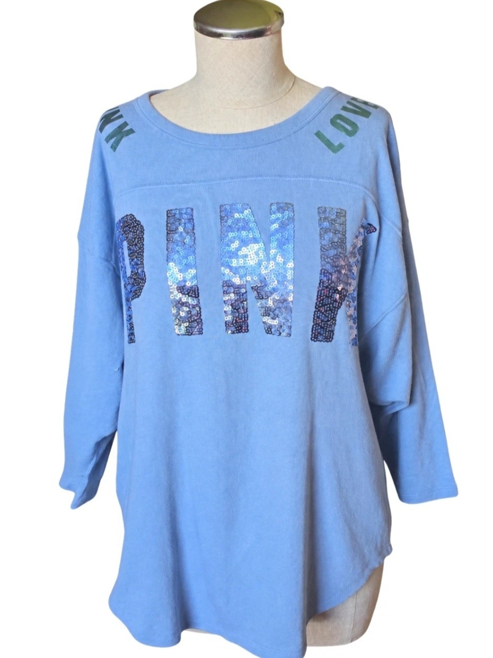 NWT Victoria's Secret Love Pink Women's Baby Blue Sequined Crew Top Size Medium